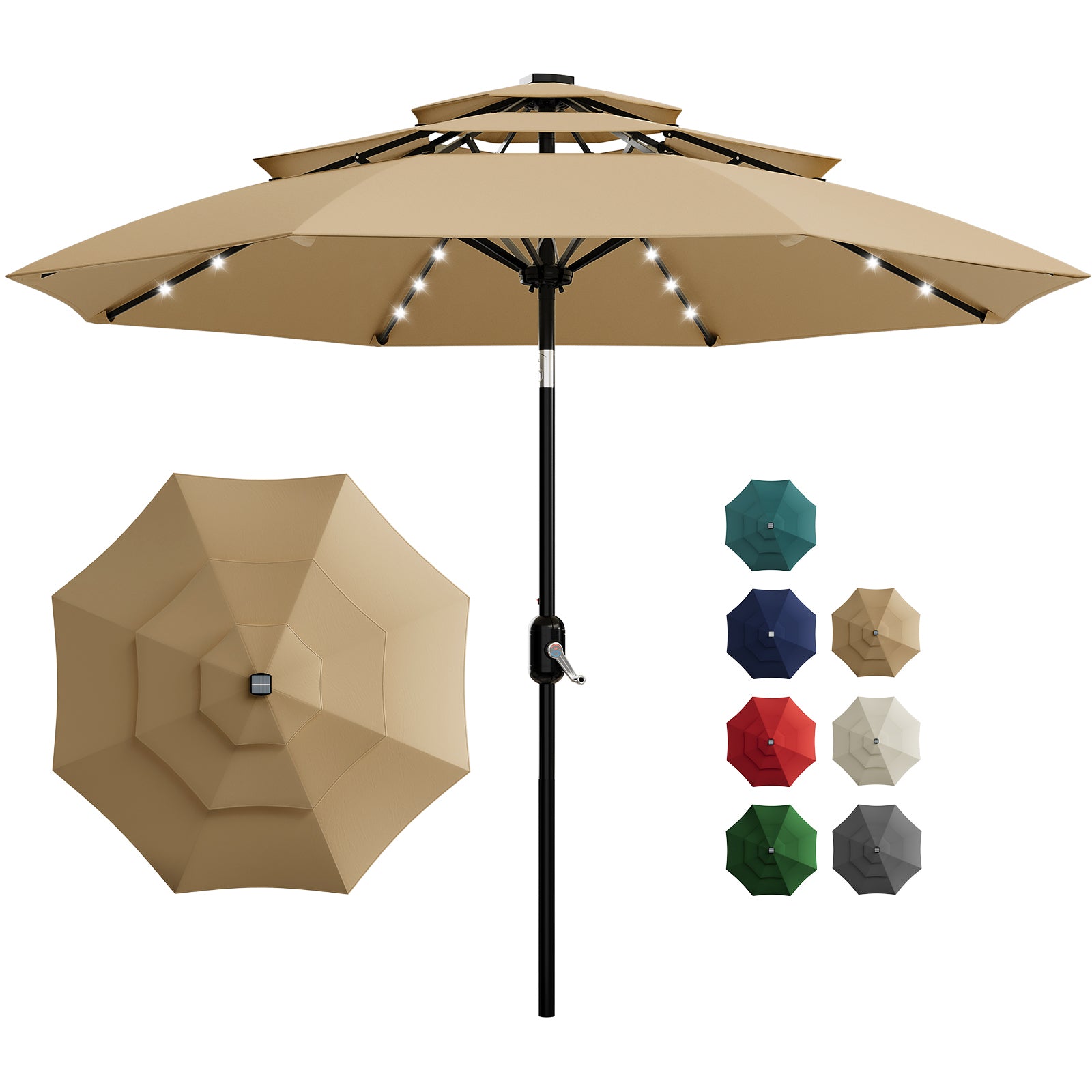 Garvee 3-Tier Solar Patio Umbrella with LED Lights, Vented Canopy, Easy  Crank & Tilt, 10ft, Tan - Outdoor Market Parasol for Garden, Deck, Pool