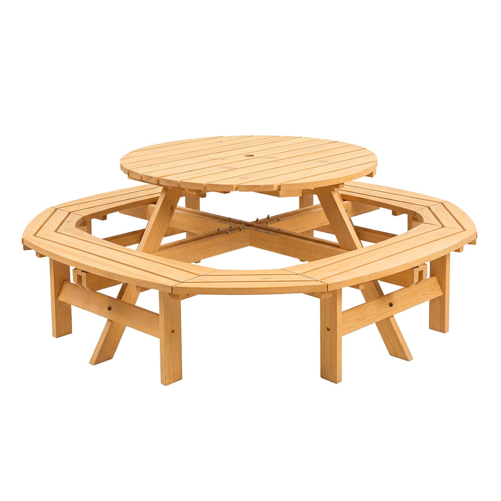 8 person patio table with umbrella hole Garvee 8-Person Round Wooden Picnic Table Set, Outdoor Patio Dining Table with 4 Built-In Benches, Umbrella Hole for Backyard, Garden & Camping,