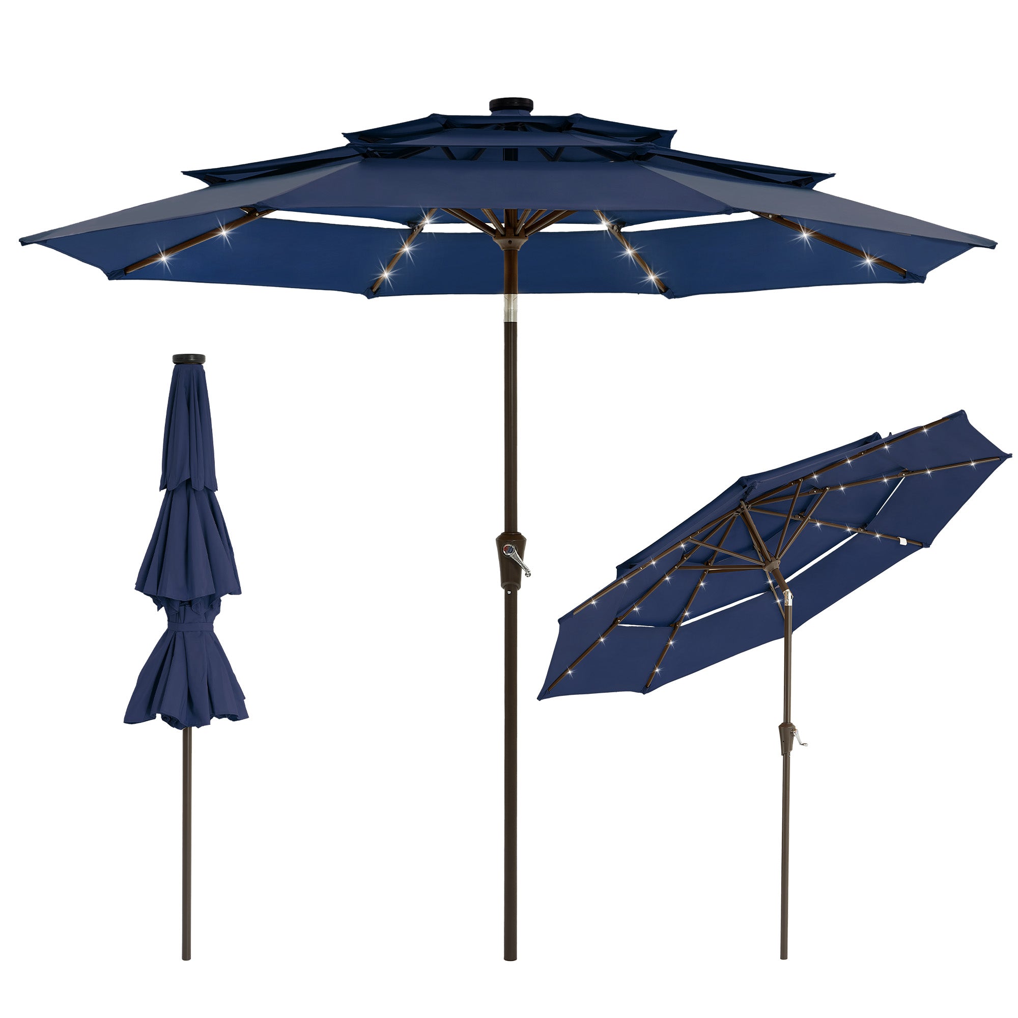 Garvee 9FT 3-Tier Solar LED Patio Umbrella, UV-Resistant Outdoor Market Umbrella with Crank & Tilt, 24 LED Lights & 8 Ribs, Navy Blue