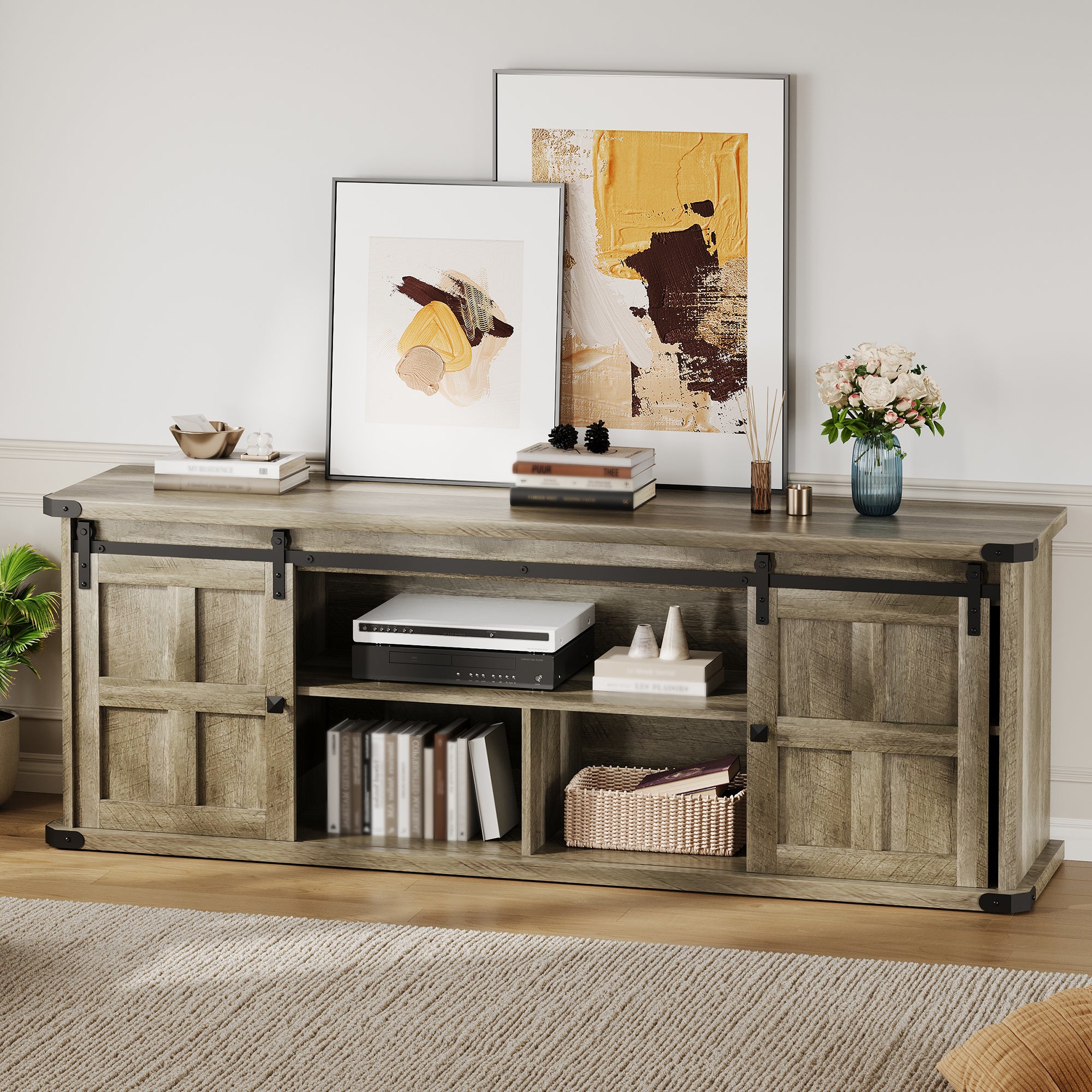 Garvee Farmhouse TV Stand for 75 Inch TVs with Sliding Barn Doors