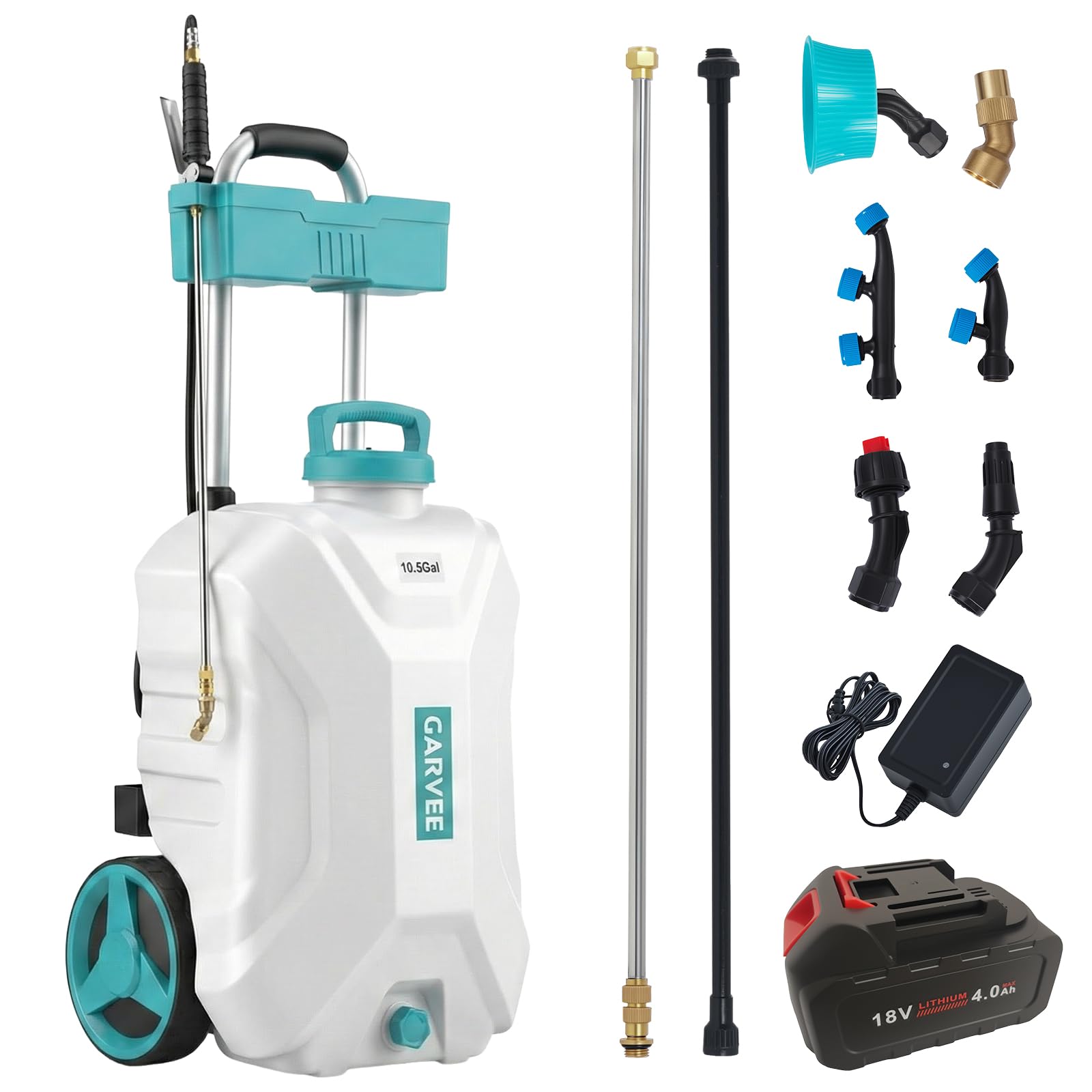 wheeled garden sprayer Garvee 10.5 Gallon Battery Sprayer with Cart, 18V 4Ah Wheeled Garden Sprayer, 80 PSI Adjustable Pressure, 6 Nozzles & 2 Wands for Lawn & Garden