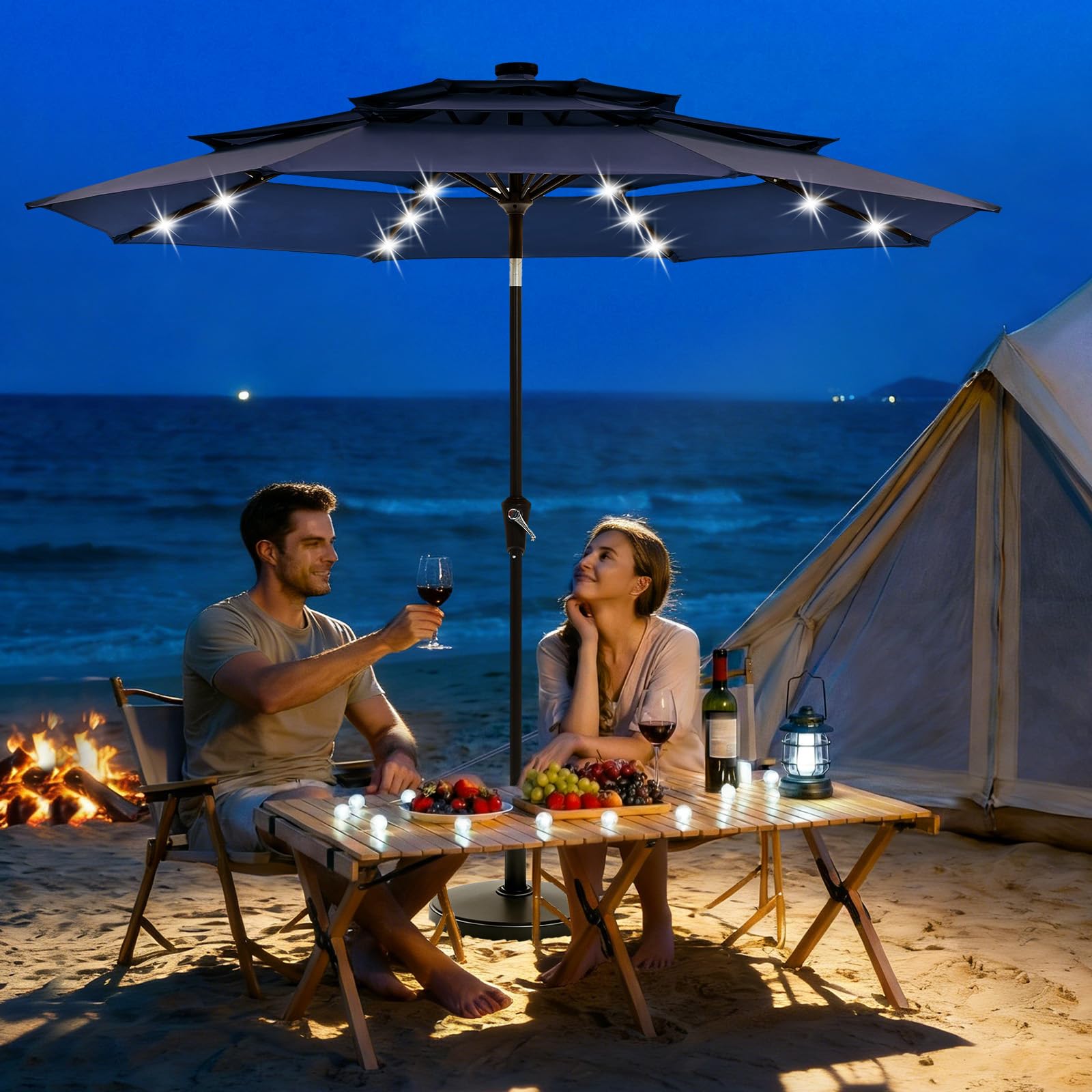 Garvee 10 ft Solar Patio Umbrella, 3-Tier Vented Canopy with 24 LED Lights, 8-Rib Steel Frame, Crank Tilt Outdoor Umbrella for Backyard, Pool & Deck