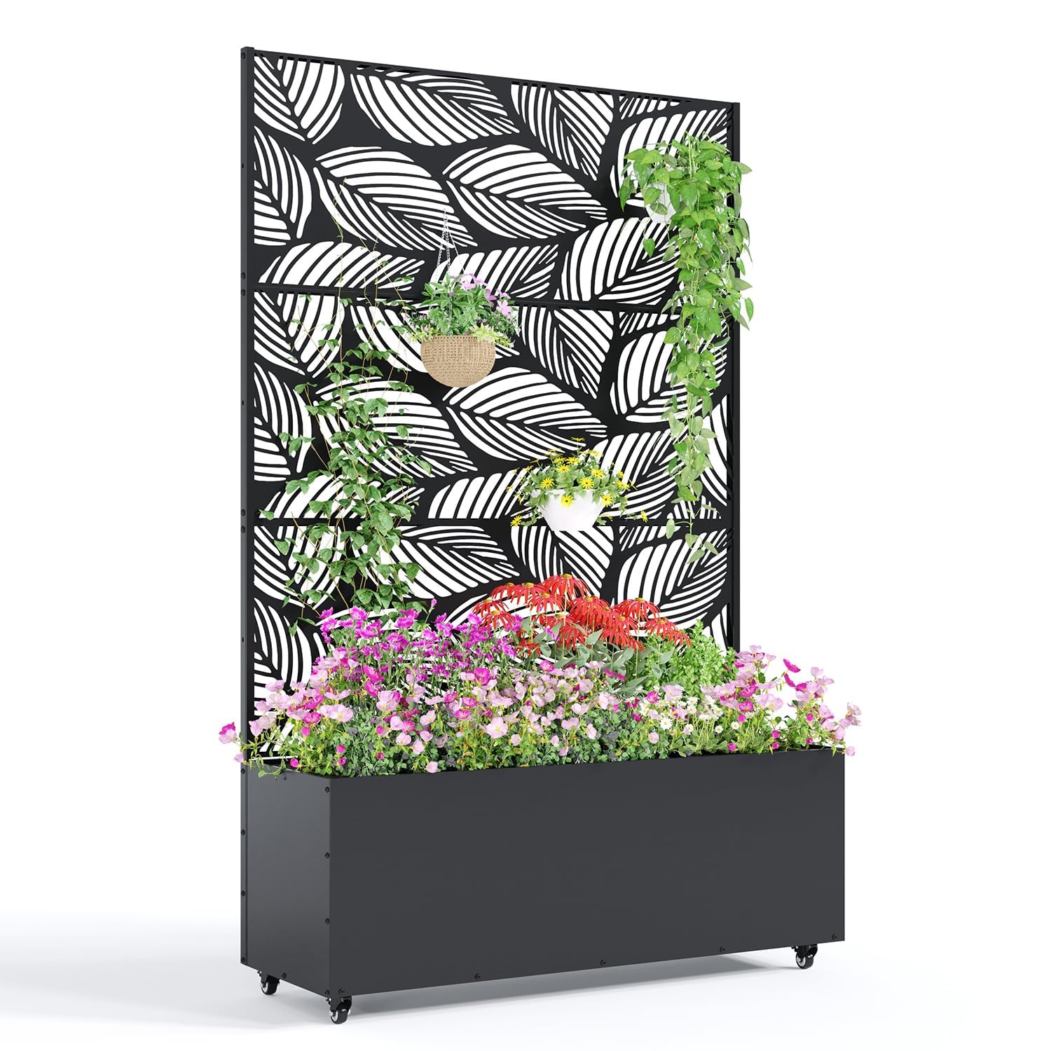 metal planter and trellis Garvee Metal Planter Box with Trellis and Wheels for Climbing Plants, Vegetables, Vines, 71"x47"x16", Gray