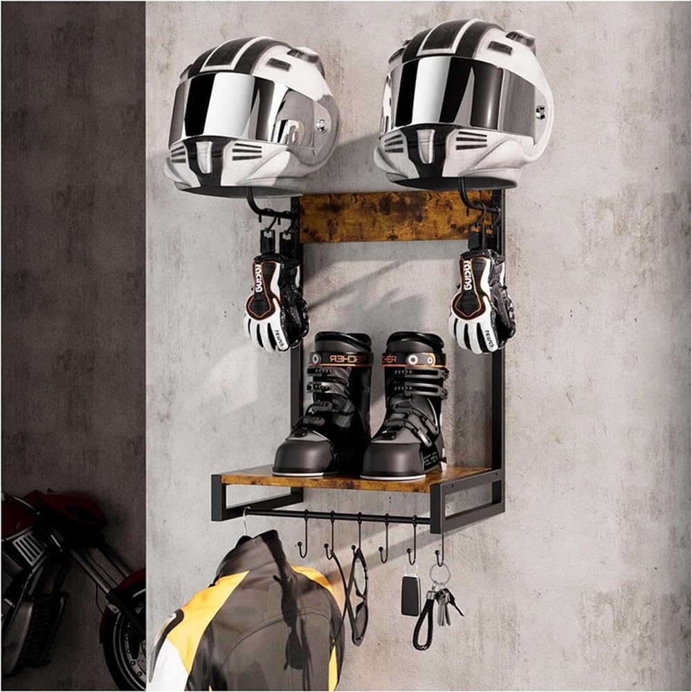 Garvee Solid Oak & Steel Wall Mounted Motorcycle Helmet Holder – Space-Saving Organizer Rack for Helmet & Gear – Durable Wood Construction, Easy