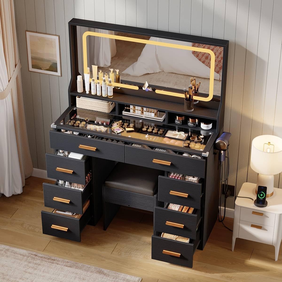 Garvee Vanity Desk with Mirror and Lights, Makeup Dresser for Bedroom, 8 Drawers, Black Garvee Vanity Desk with Mirror and Lights, Makeup Dresser for Bedroom, 8 Drawers, Black