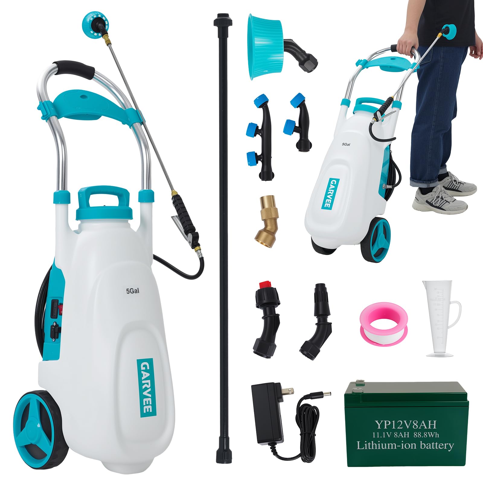 best battery powered garden sprayer on wheels Garvee 5.3 Gallon Battery Sprayer with Cart, 12V 8Ah Wheeled Garden Sprayer, 90 PSI Adjustable Pressure, 6 Nozzles & 2 Wands for Lawn & Garden