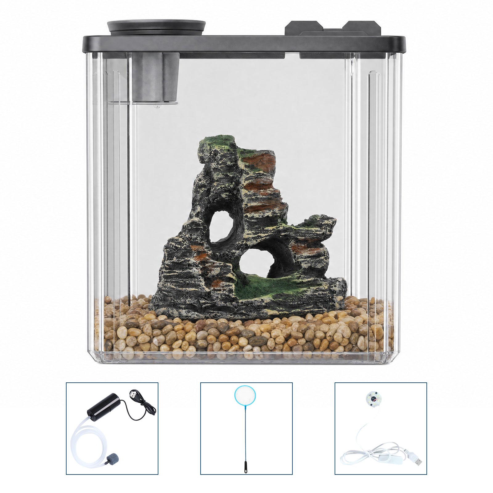 Garvee 2.5 Gallon Small Fish Tank Kit, Betta Fish Tank with LED Light, Air Pump, Lid, Hydroponic Cup, 7 Pcs Plastic Fish Tank Starter Kits for