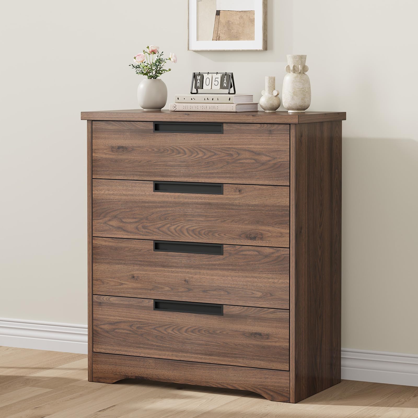 Garvee Modern Walnut 4 Drawer Dresser & Bedside Table Set – Large Capacity Wooden Storage Cabinet with Embedded Handles, Bedroom, Living Room,