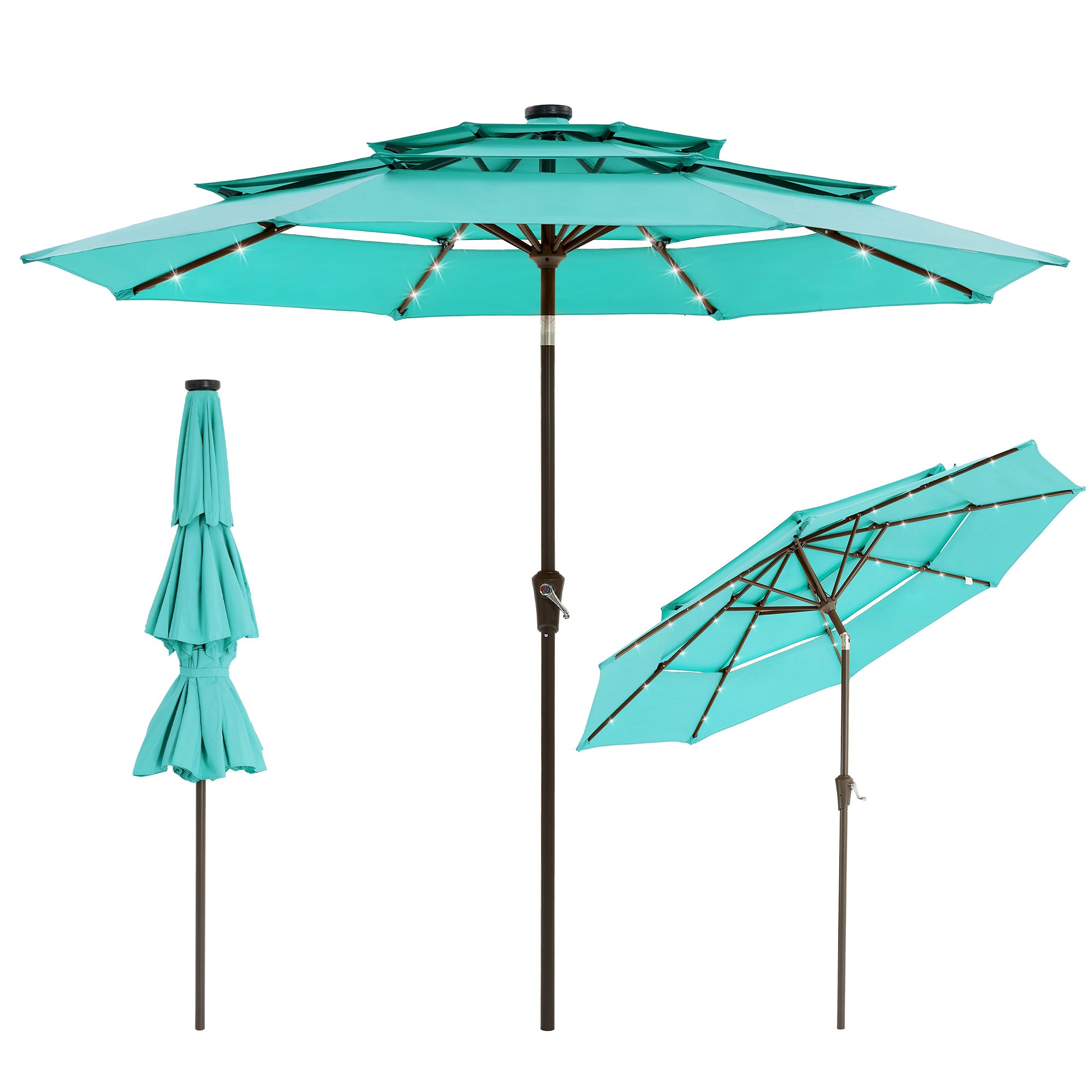 Garvee 9FT 3-Tier Solar LED Patio Umbrella, UV-Resistant Outdoor Market Umbrella with Crank & Tilt, 24 LED Lights & 8 Ribs, Light Blue
