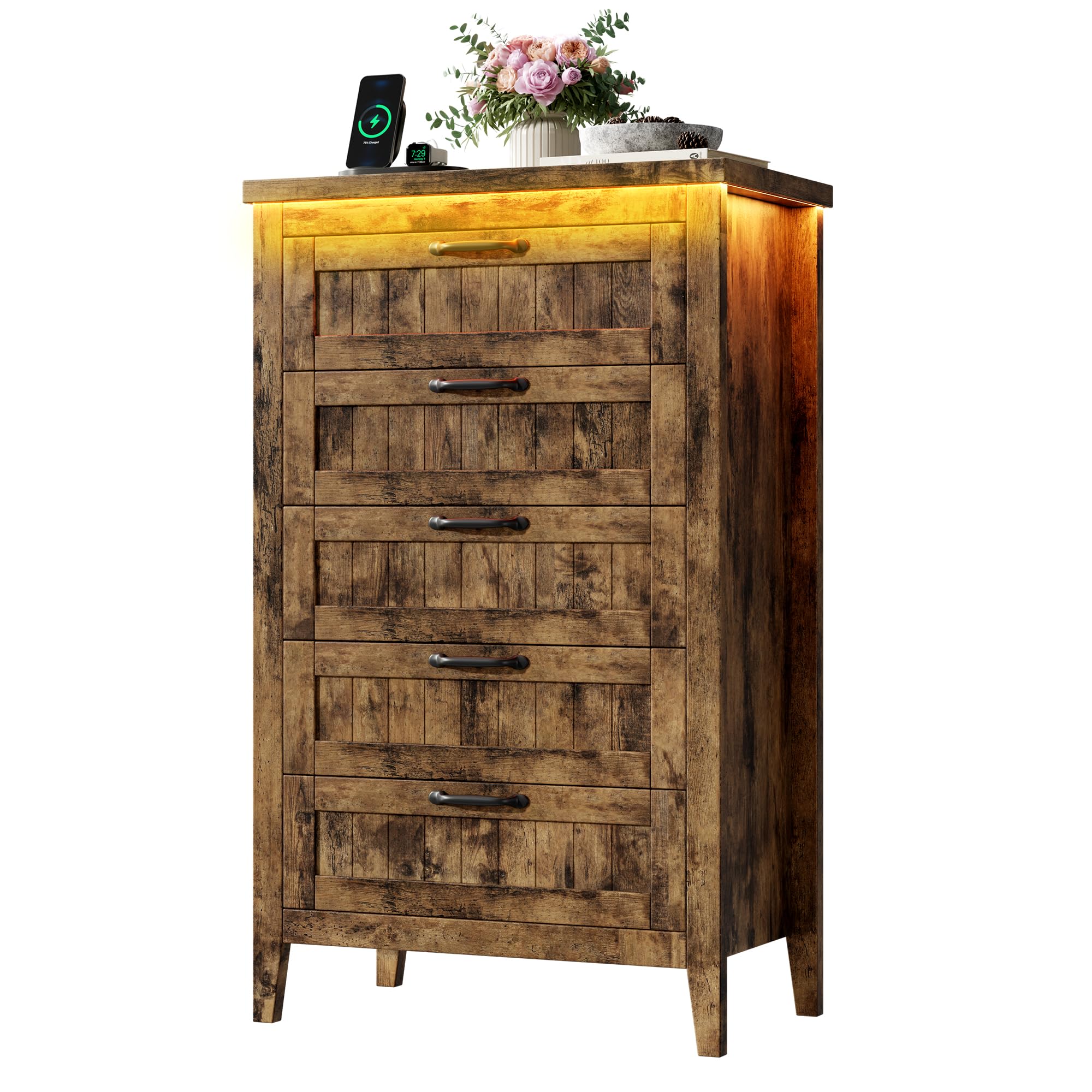 Garvee Tall 5 Drawer Dresser with Charging Station & LED Lights, Rustic Brown, Bedroom Storage Cabinet Garvee Tall 5 Drawer Dresser with Charging Station & LED Lights, Rustic Brown, Bedroom Storage Cabinet