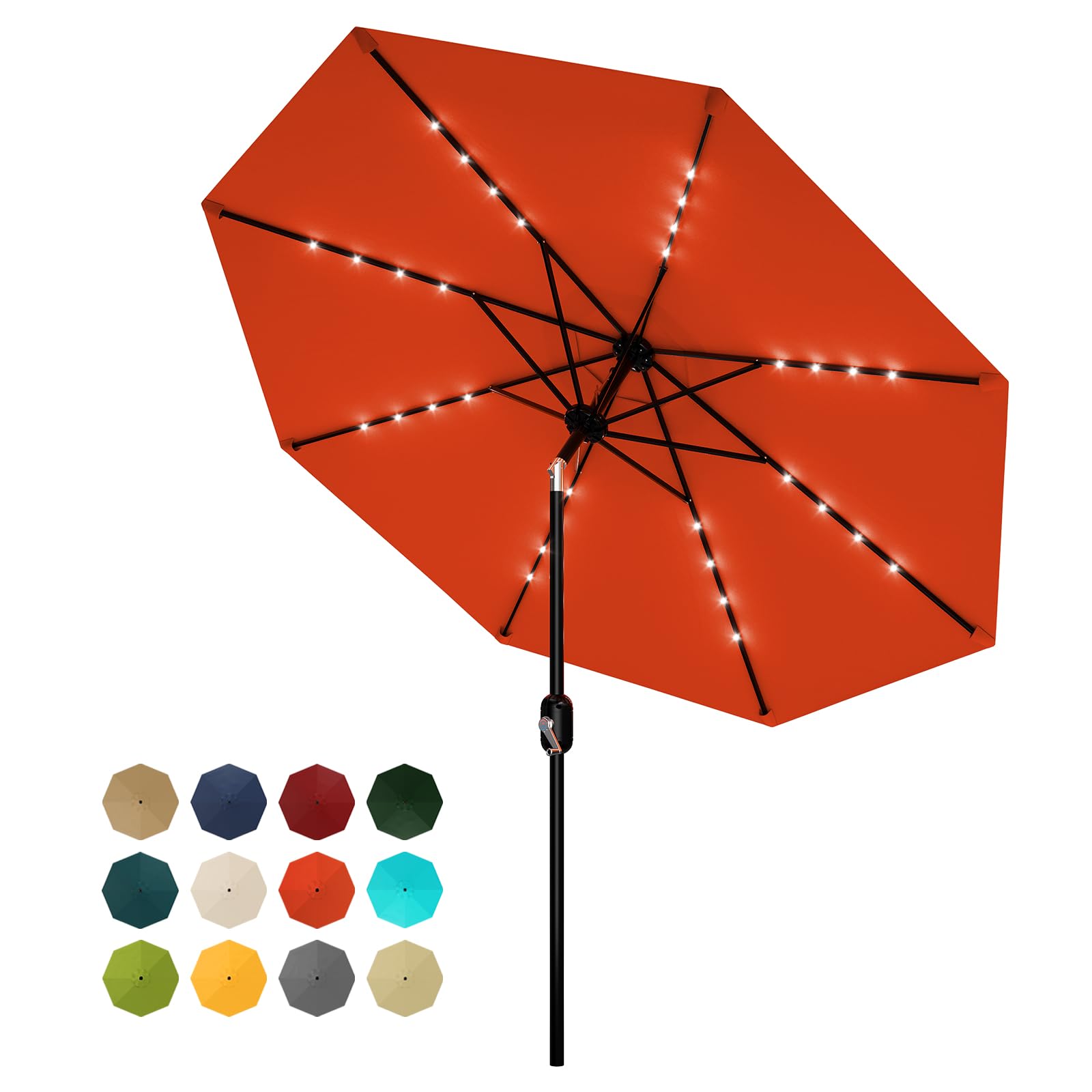 9 ft patio outdoor umbrella market garden umbrella Garvee 9FT Orange with 32 Solar Powered LED Lights - 8 Ribs, Tilt & Crank, UV-Resistant, Waterproof Durable Sun Protection for Every Space Outdoor 9' Market Umbrella