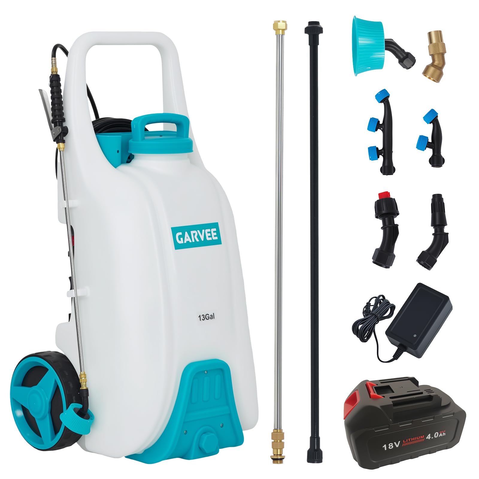 Garvee 13 Gallon Battery Sprayer with Cart, 18V 4Ah Wheeled Garden Sprayer, 80 PSI Adjustable Pressure, 6 Nozzles & 2 Wands for Lawn Care