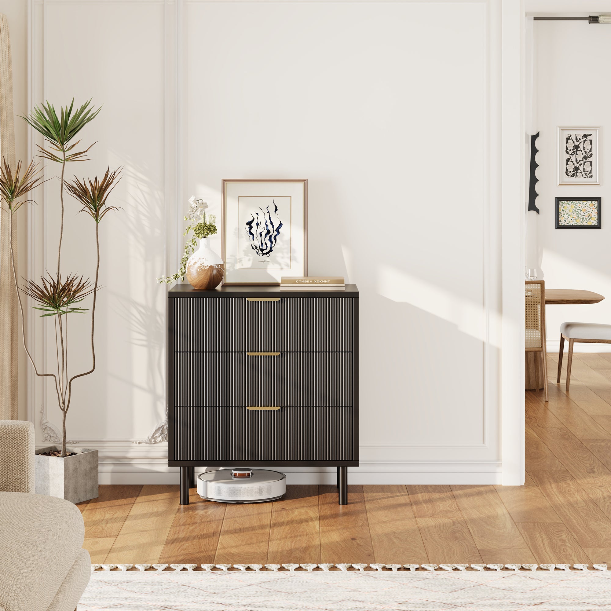 Garvee Modern Fluted 3 Drawer Dresser Matte Black Wood Storage Cabinet Metal Legs Bedroom Entryway Living Room Hallway Organizer