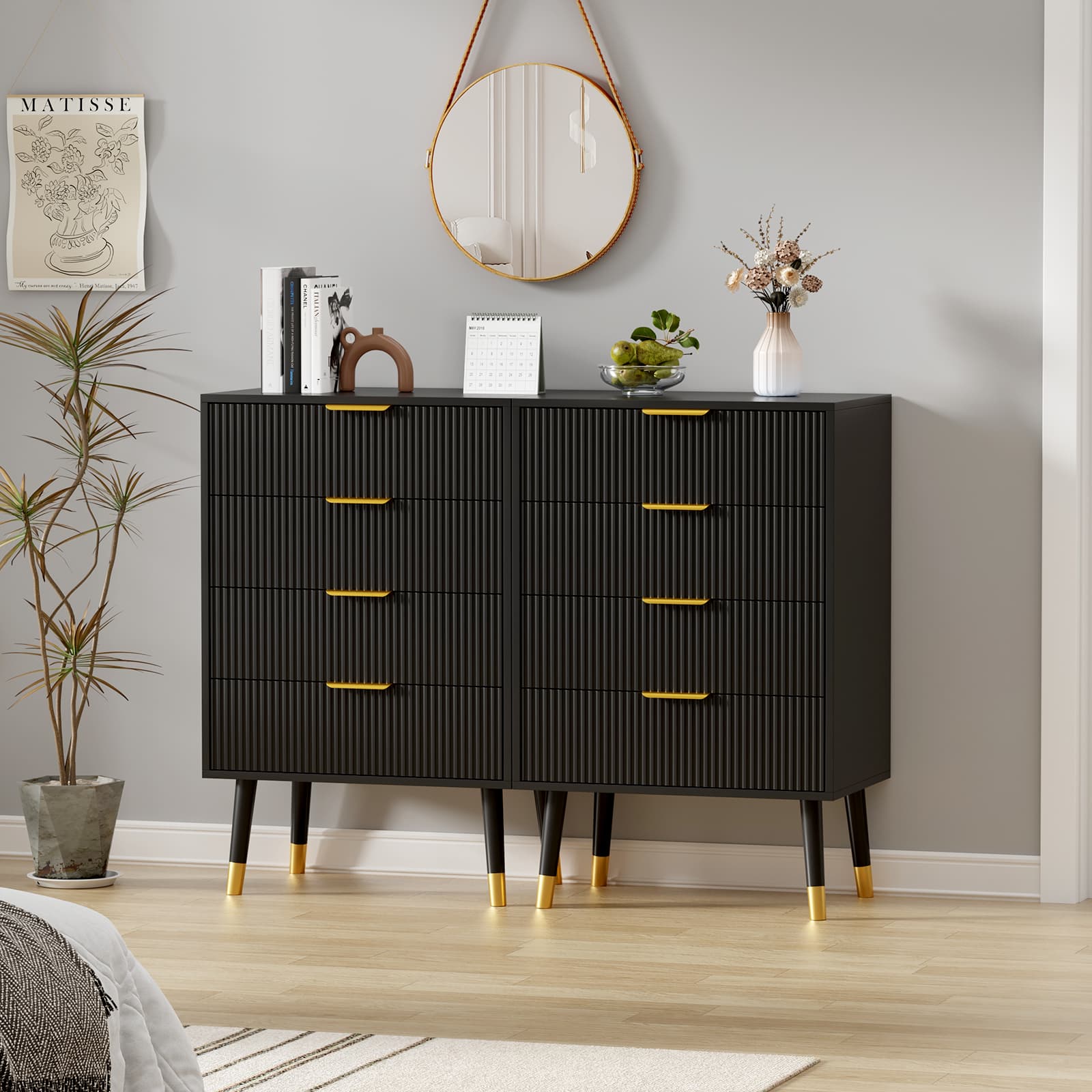 Garvee 4 Drawer Dresser Set of 2 Black Modern Bedroom Storage Chest Organizer Small Fluted
