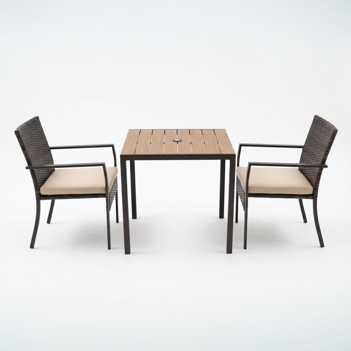 Garvee 3 Piece Patio Dining Set Wicker Outdoor Table Chairs Umbrella Hole Backyard Garden Poolside Deck Black White