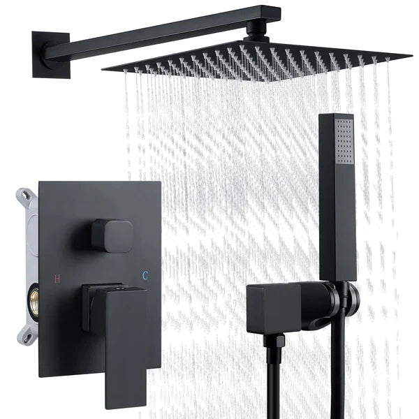 modern pedestal sink, linear shower drain, glass shower door, LED bathroom mirror, matte black shower faucet, Garvee bathroom fixtures