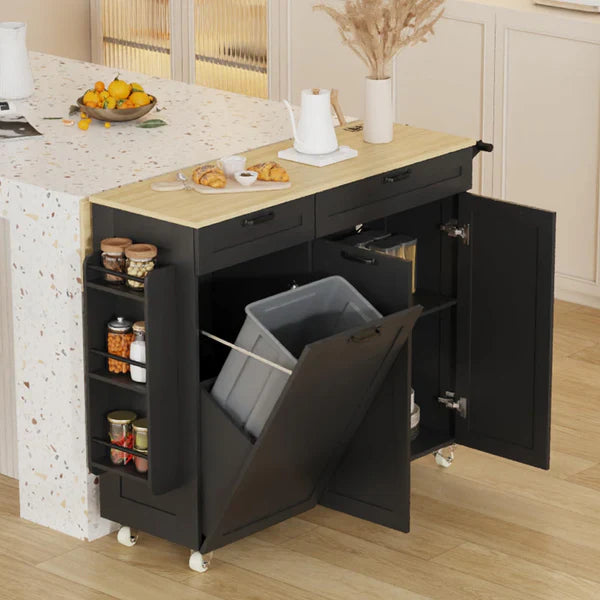 double tilt-out trash cabinet, portable trolley island, white tilt-out trash cabinet, kitchen trash storage, Garvee trash cabinets