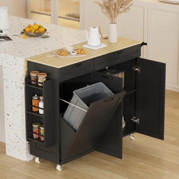 double tilt-out trash cabinet, portable trolley island, white tilt-out trash cabinet, kitchen trash storage, Garvee trash cabinets