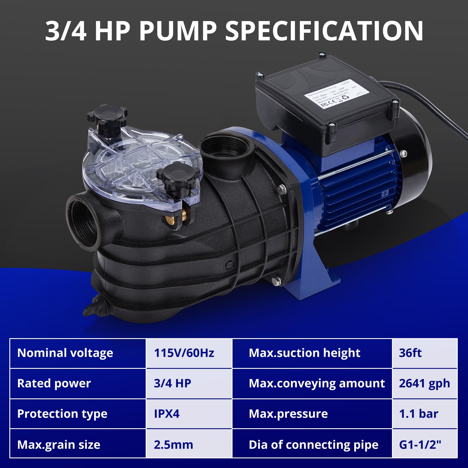 0.75HP 550W Pool Pump for In/Above Ground, Single Speed