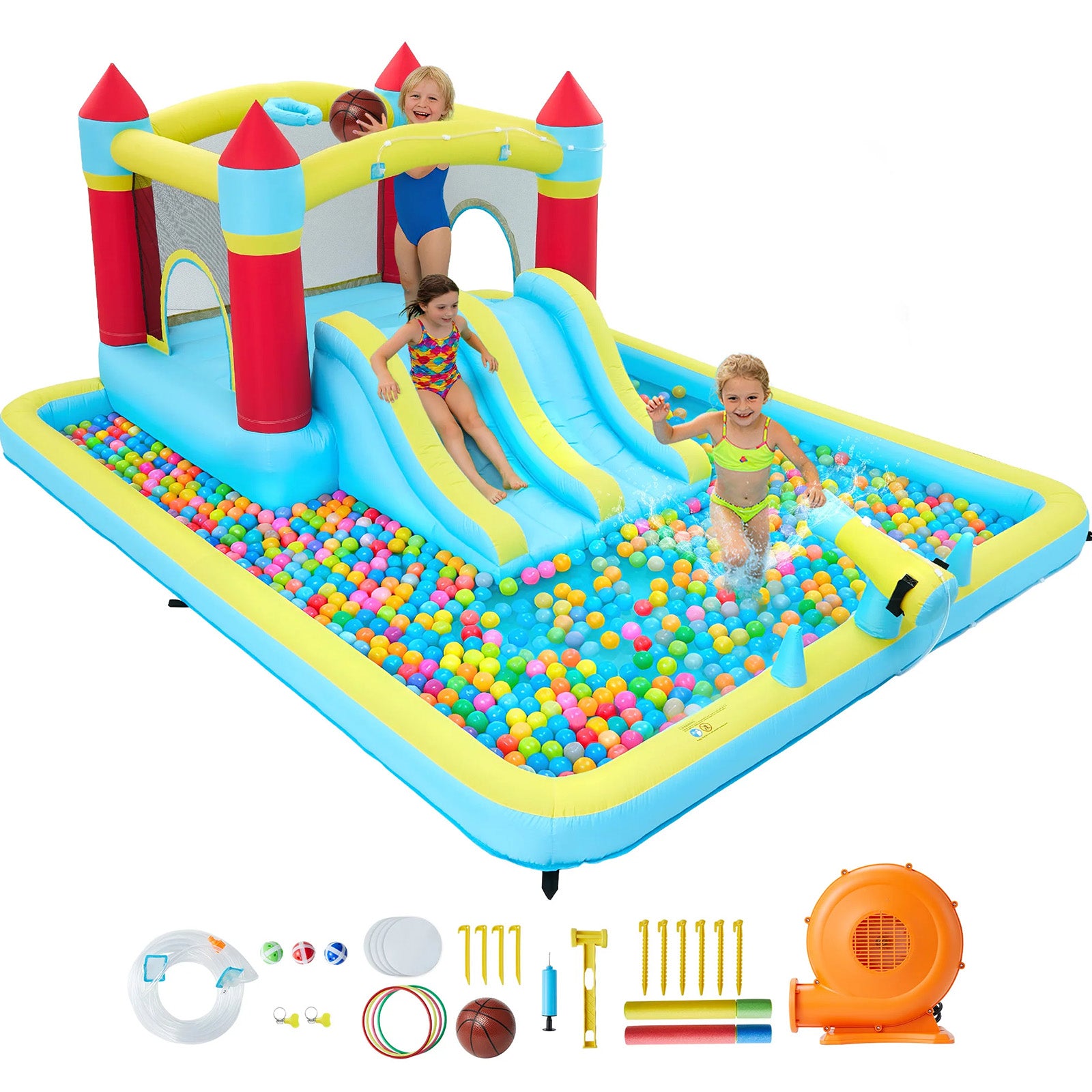 Garvee 7-in-1 Inflatable Bounce House for Kids - Indoor & Outdoor Bouncy Castle with Slide and 350W Blower - Durable Backyard Play Jumper - Blue, US Standard