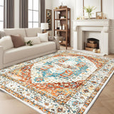 Garvee 8 * 10ft Area Rug - Thin Washable Entryway Rug, Stain Resistant, Non Slip, Non Shedding, Pet Friendly, Vintage Carpet for Indoor Bedroom, Living, Kitchen, Laundry Room, Reddish Brown - Reddish Brown