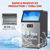 150lbs/24H Ice Maker, 33lbs Storage, 66 Cubes in 5-15Mins