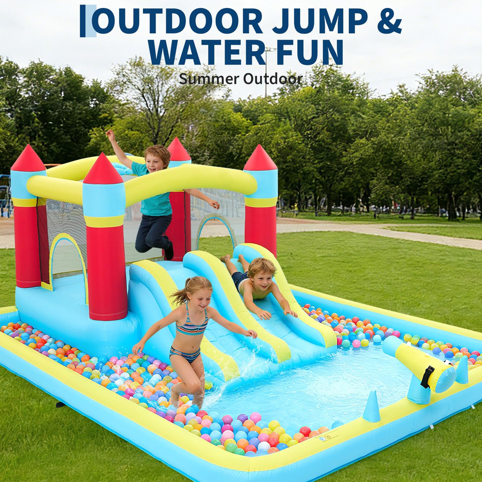 Garvee 7-in-1 Inflatable Bounce House for Kids - Indoor & Outdoor Bouncy Castle with Slide and 350W Blower - Durable Backyard Play Jumper - Blue, US Standard