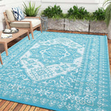 Garvee Outdoor Light Blue & White 9x12 Rug Plastic Straw Waterproof Reversible Mat for Patio, Deck, RV, Camping Decor - Light Blue & White