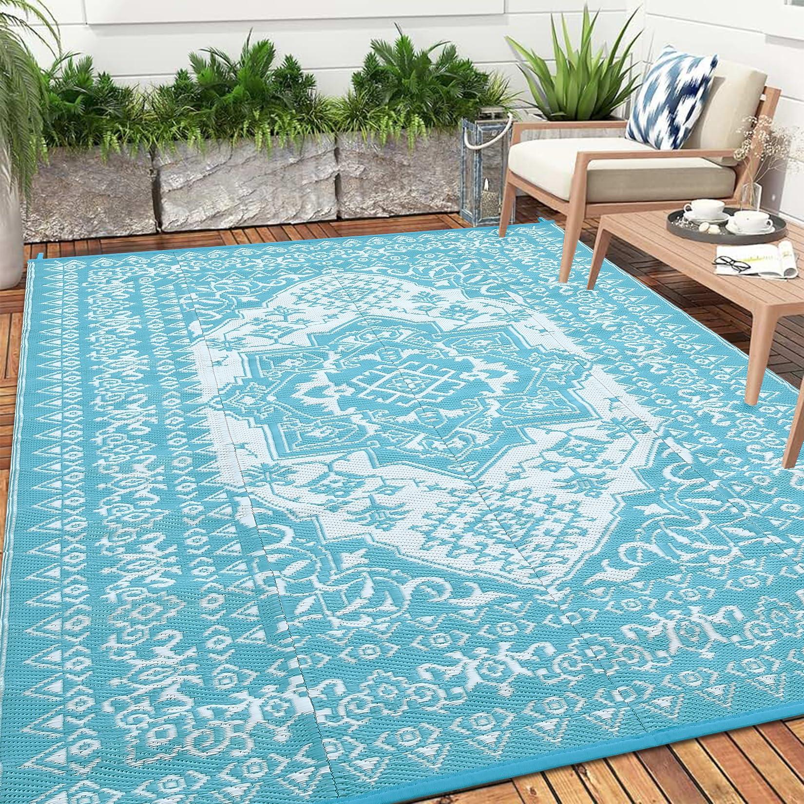 Garvee Outdoor Light Blue & White 9x12 Rug Plastic Straw Waterproof Reversible Mat for Patio, Deck, RV, Camping Decor