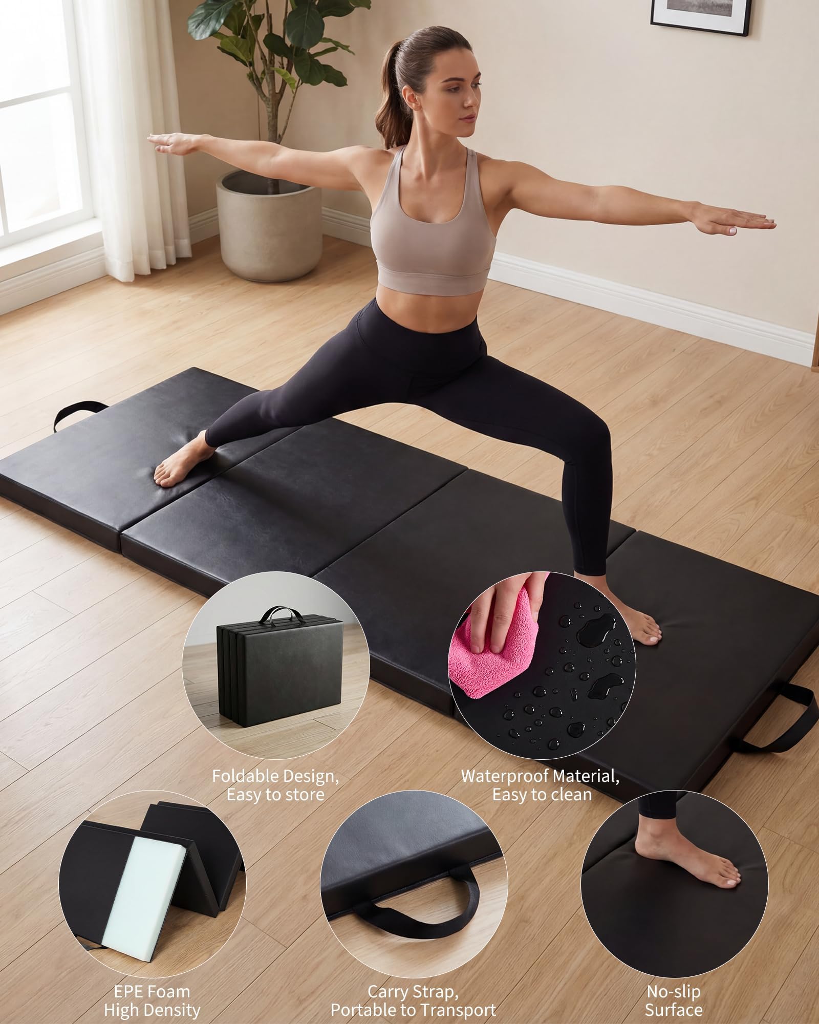 Garvee 6' x 3' x 2" Folding Gymnastics Mat — Tri‑Fold, High‑Density EPE Foam, Waterproof PVC Cover, Carry Handles & Compact Storage (Home Gym / Yoga / Tumbling)
