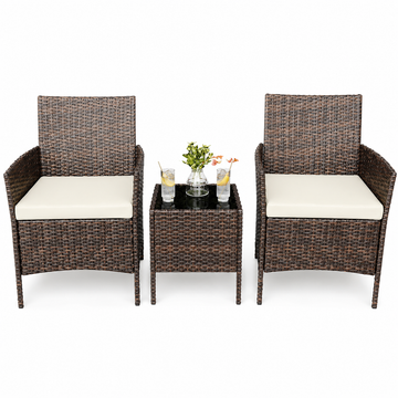 Garvee 3 Pieces Outdoor Patio Furniture Sets, Rattan Patio Table and Chairs Set with Soft Cushion and Brown Table, Outdoor Furniture for Garden, Backyard, Porch, Poolside