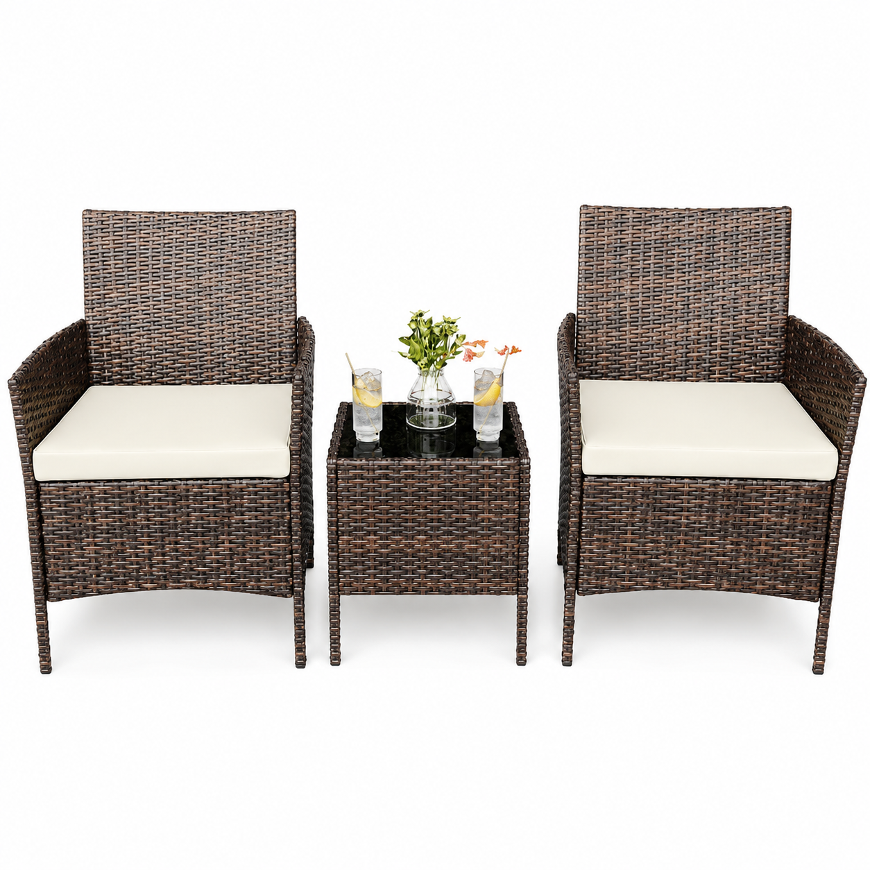 Garvee 3 Pieces Outdoor Patio Furniture Sets, Rattan Patio Table and Chairs Set with Soft Cushion and Brown Table, Outdoor Furniture for Garden, Backyard, Porch, Poolside