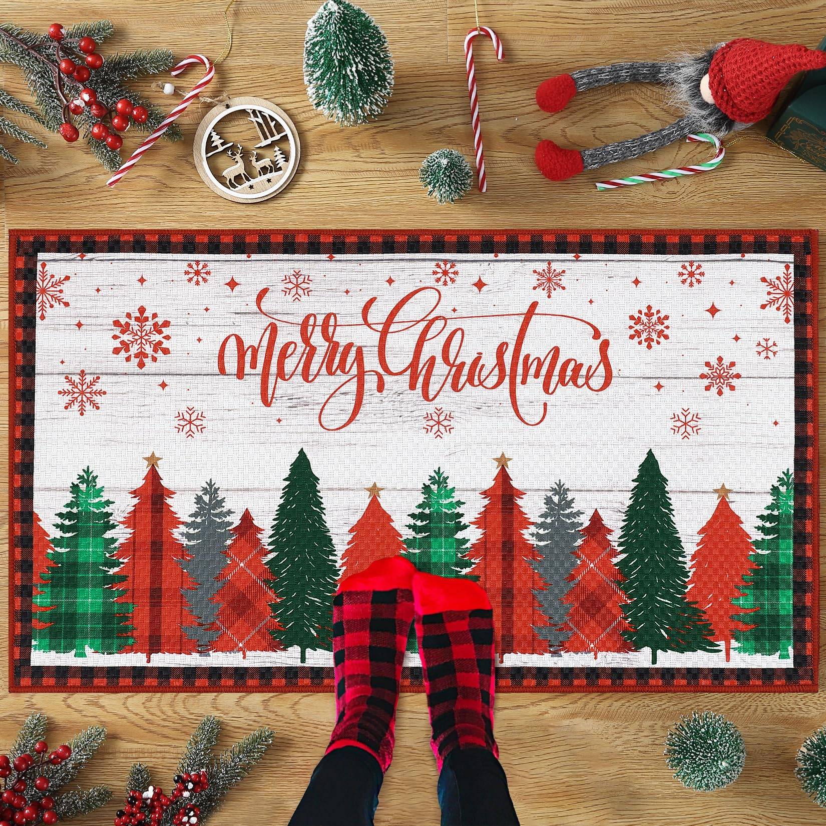 Garvee Merry Christmas Decorative Doormat 17x29 Non-Slip Low-Profile Buffalo Plaid Welcome Mat for Indoor Outdoor Entrance Doormat Xmas Winter Welcome Door Mat