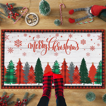 Garvee Merry Christmas Decorative Doormat 17x29 Non-Slip Low-Profile Buffalo Plaid Welcome Mat for Indoor Outdoor Entrance Doormat Xmas Winter Welcome Door Mat