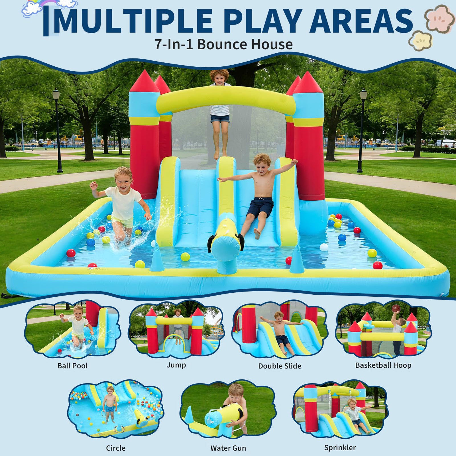 Garvee 7-in-1 Inflatable Bounce House for Kids - Indoor & Outdoor Bouncy Castle with Slide and 350W Blower - Durable Backyard Play Jumper - Blue, US Standard