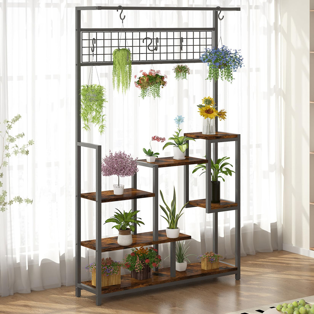 Garvee 7-Tier Tall Plant Shelf with Grow Light - Indoor Metal Plant Stand with Hanging Hooks, Multi-Purpose Bonsai & Flower Pot Organizer for Balcony & Living Room, Brown