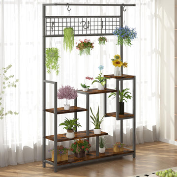 Garvee 7-Tier Tall Plant Shelf with Grow Light - Indoor Metal Plant Stand with Hanging Hooks, Multi-Purpose Bonsai & Flower Pot Organizer for Balcony & Living Room, Brown