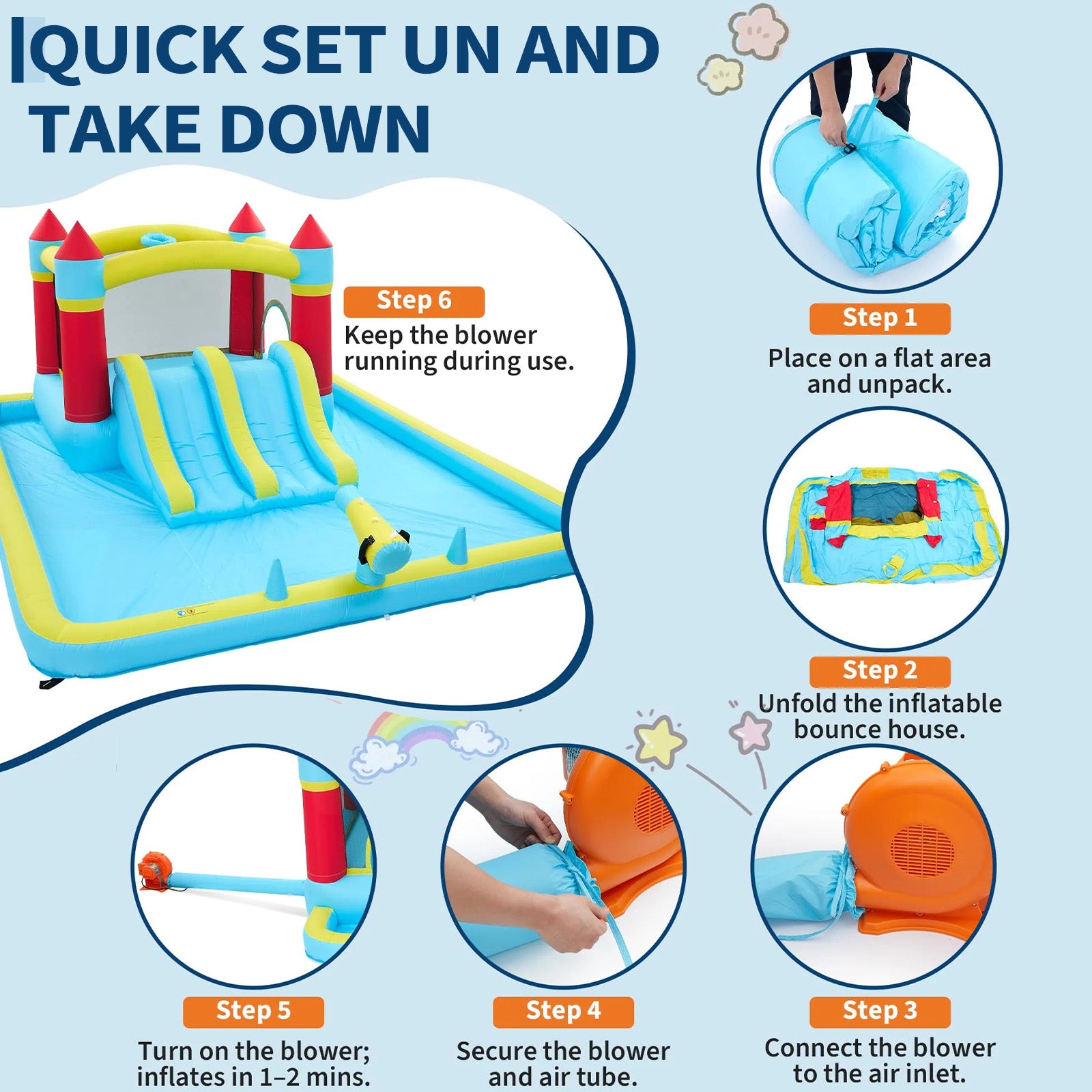 Garvee 7-in-1 Inflatable Bounce House for Kids - Indoor & Outdoor Bouncy Castle with Slide and 350W Blower - Durable Backyard Play Jumper - Blue, US Standard