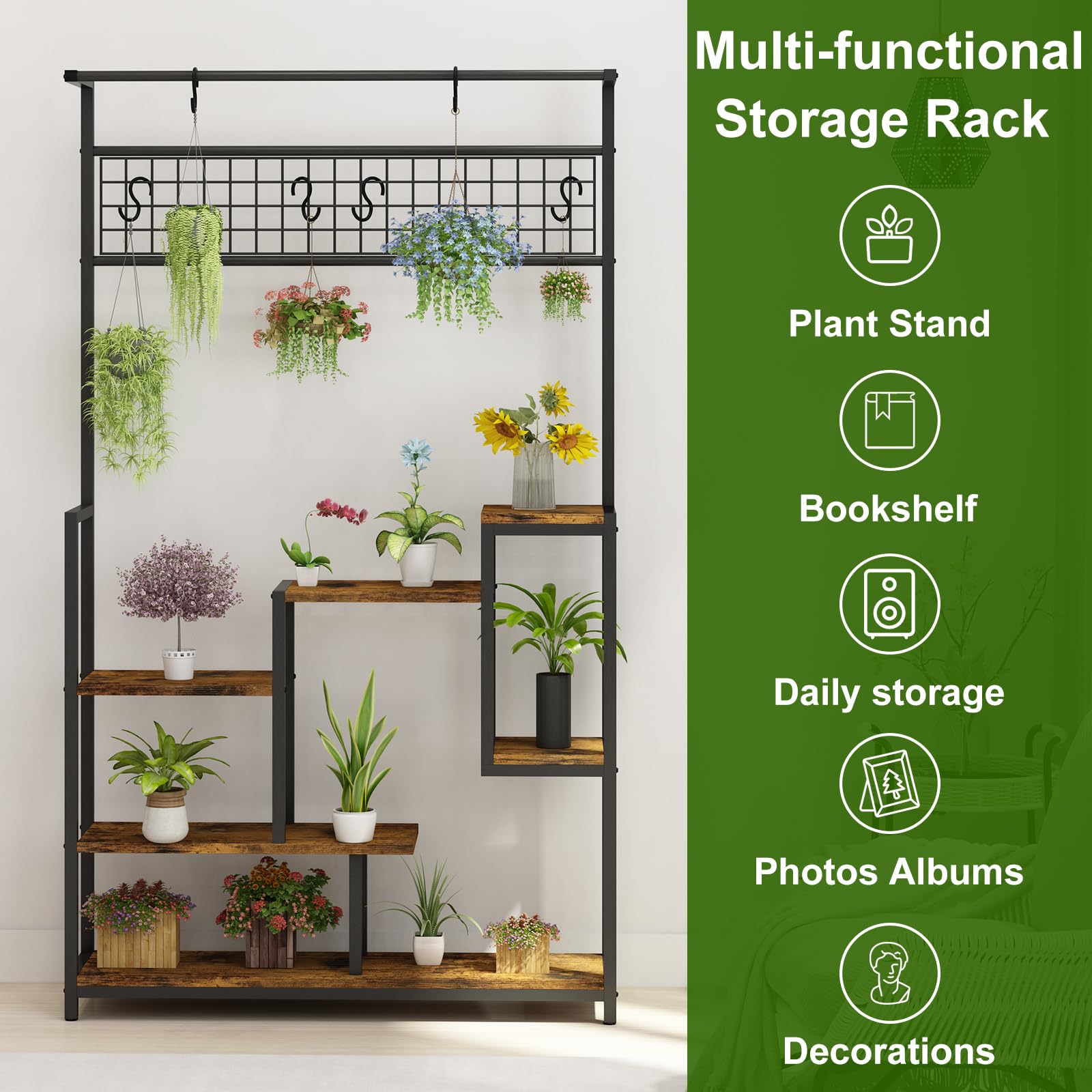 Garvee 7-Tier Tall Plant Shelf with Grow Light - Indoor Metal Plant Stand with Hanging Hooks, Multi-Purpose Bonsai & Flower Pot Organizer for Balcony & Living Room, Brown