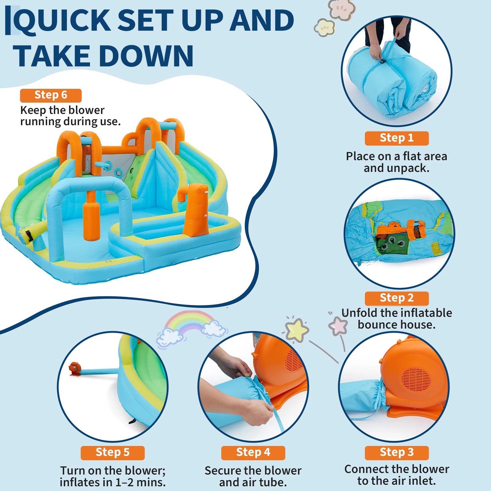 Garvee 10-in-1 Inflatable Bounce House for Kids – Jumping Castle Playset with Slide & 350W Blower – Indoor Outdoor Fun, Backyard or Commercial Use – Blue – US Standard