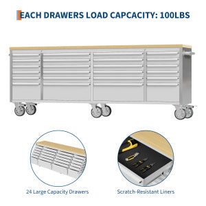 Garvee 96 inch Mobile Tool Chest 24 Drawers Lockable Stainless Steel Rolling Cabinet with Wood Top for Garage Workshop