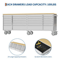 Garvee 96 inch Mobile Tool Chest 24 Drawers Lockable Stainless Steel Rolling Cabinet with Wood Top for Garage Workshop