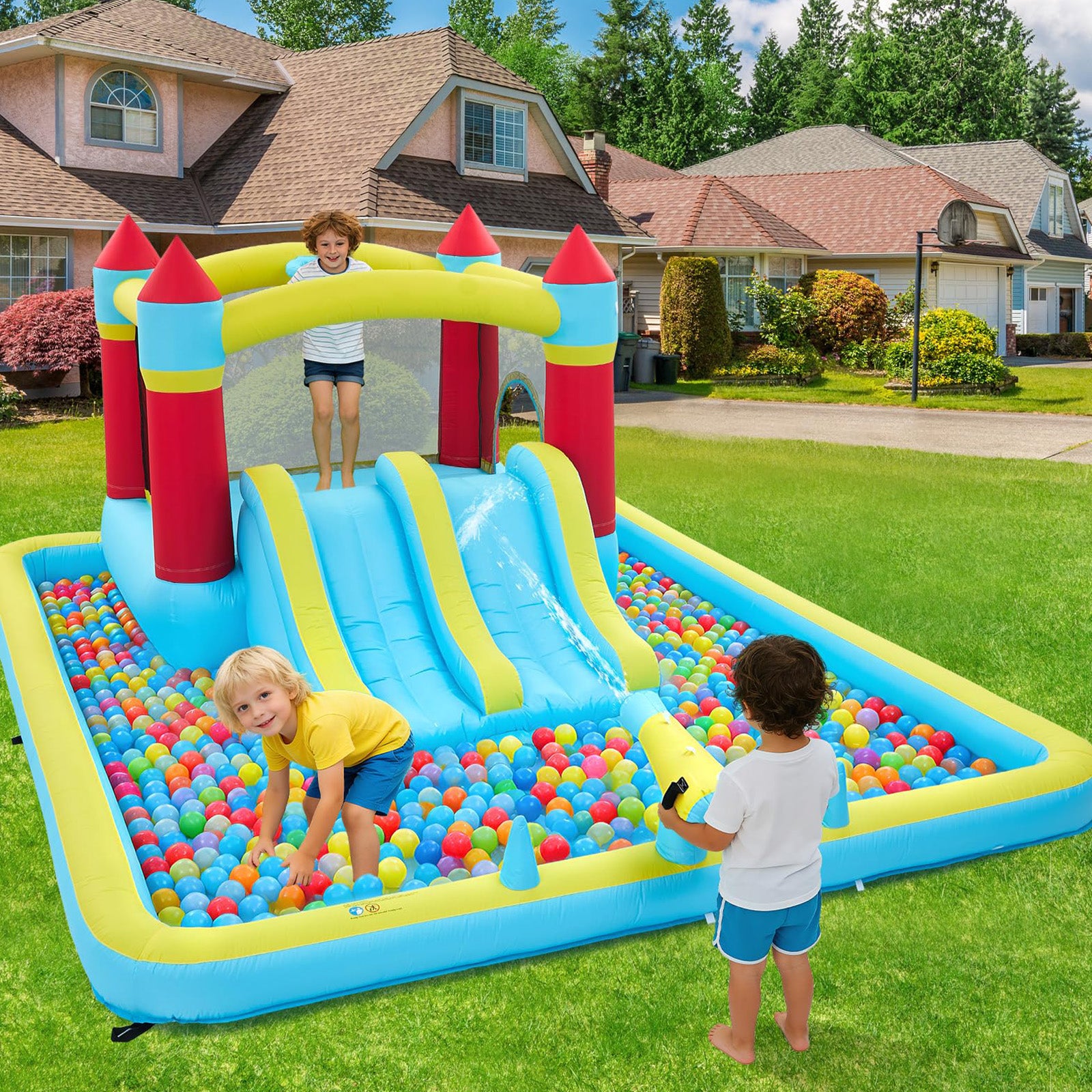 Garvee 7-in-1 Inflatable Bounce House for Kids - Indoor & Outdoor Bouncy Castle with Slide and 350W Blower - Durable Backyard Play Jumper - Blue, US Standard
