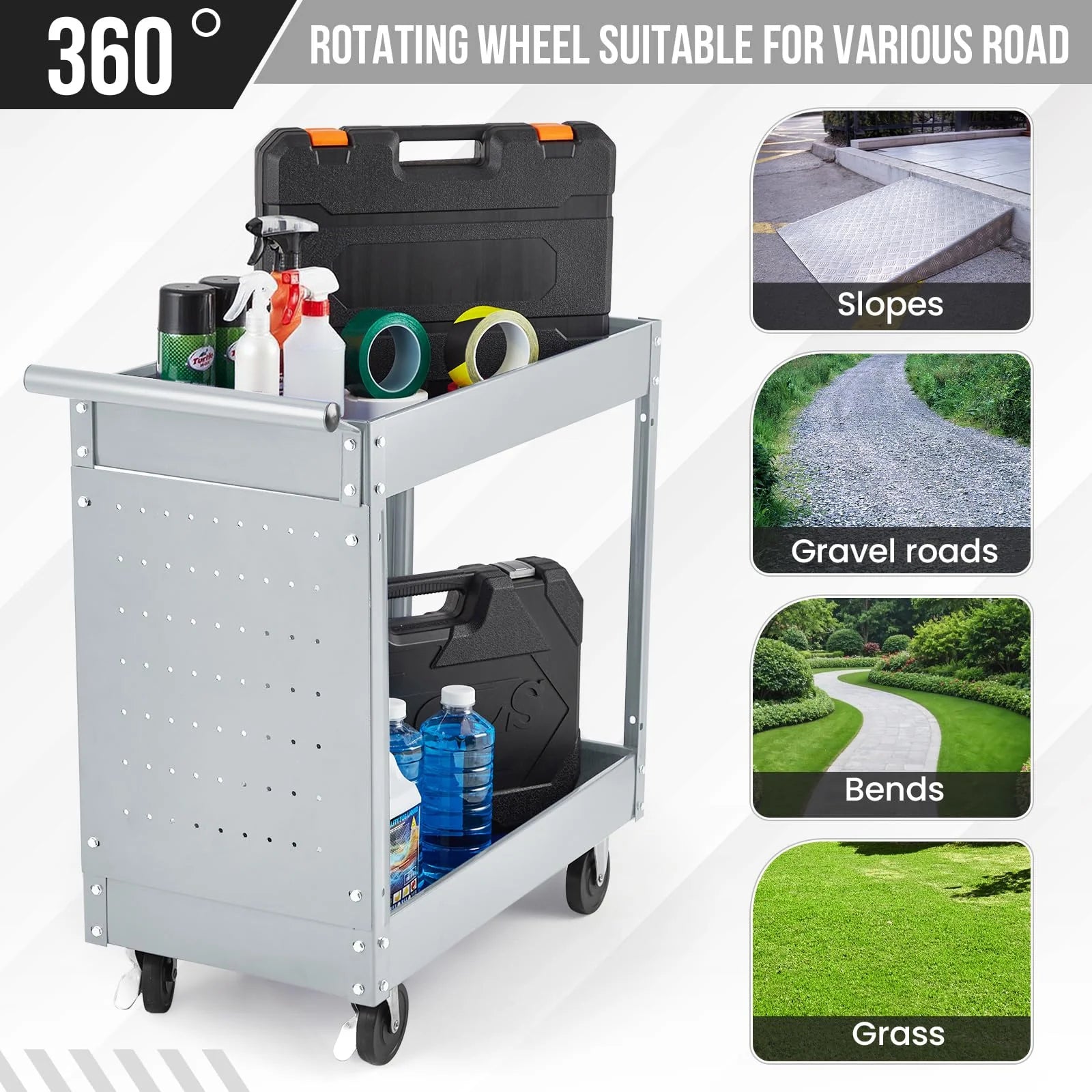 Garvee 2 Tier Rolling Tool Cart, 330 Lbs Metal Heavy Duty Utility Cart On Wheels, 2 Shelf Steel Utility Cart, Tool Storage Organizer for Mechanic, Garage, Workshop, Warehouse & Repair Shop