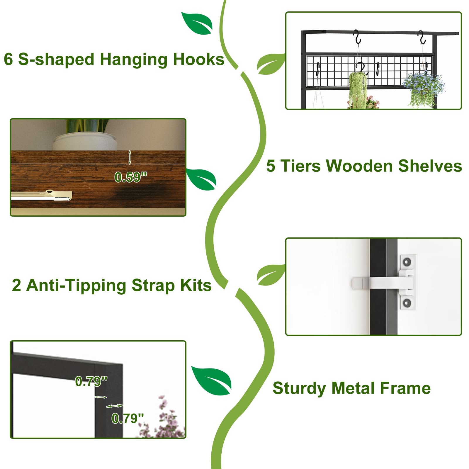 Garvee 7-Tier Tall Plant Shelf with Grow Light - Indoor Metal Plant Stand with Hanging Hooks, Multi-Purpose Bonsai & Flower Pot Organizer for Balcony & Living Room, Brown