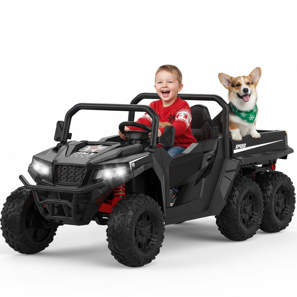 Garvee Ride - P Series: 24V 4WD Electric Ride On Dump Truck with Remote Control, 2-Seater, Music Player, LED Lights, Key Start Safety System, Durable Plastic, Off-Road Kids Toy for Ages 3+ - Black