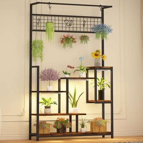 Garvee 7-Tier Tall Plant Shelf with Grow Light - Indoor Metal Plant Stand with Hanging Hooks, Multi-Purpose Bonsai & Flower Pot Organizer for Balcony & Living Room, Brown