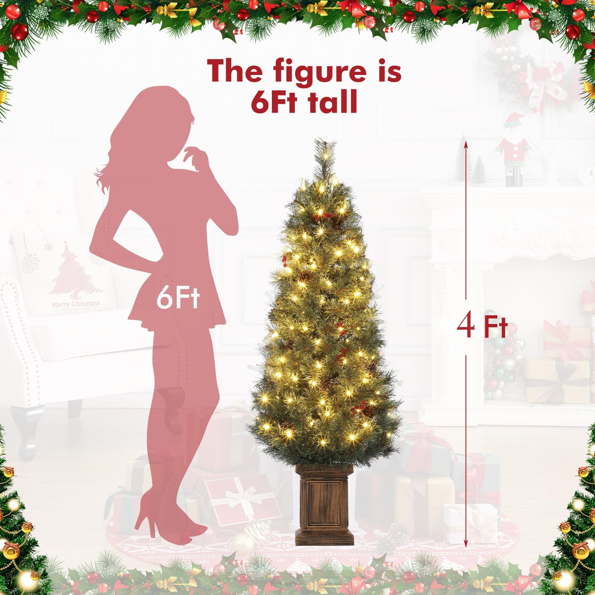 Garvee 4.5ft Christmas Tree, Snow Flocked Pre-lit Artificial Christmas Tree with 108 LED Lights & 8 Lighting Modes, Fake Xmas Tree with Red Berries, Christmas Decoration for Home