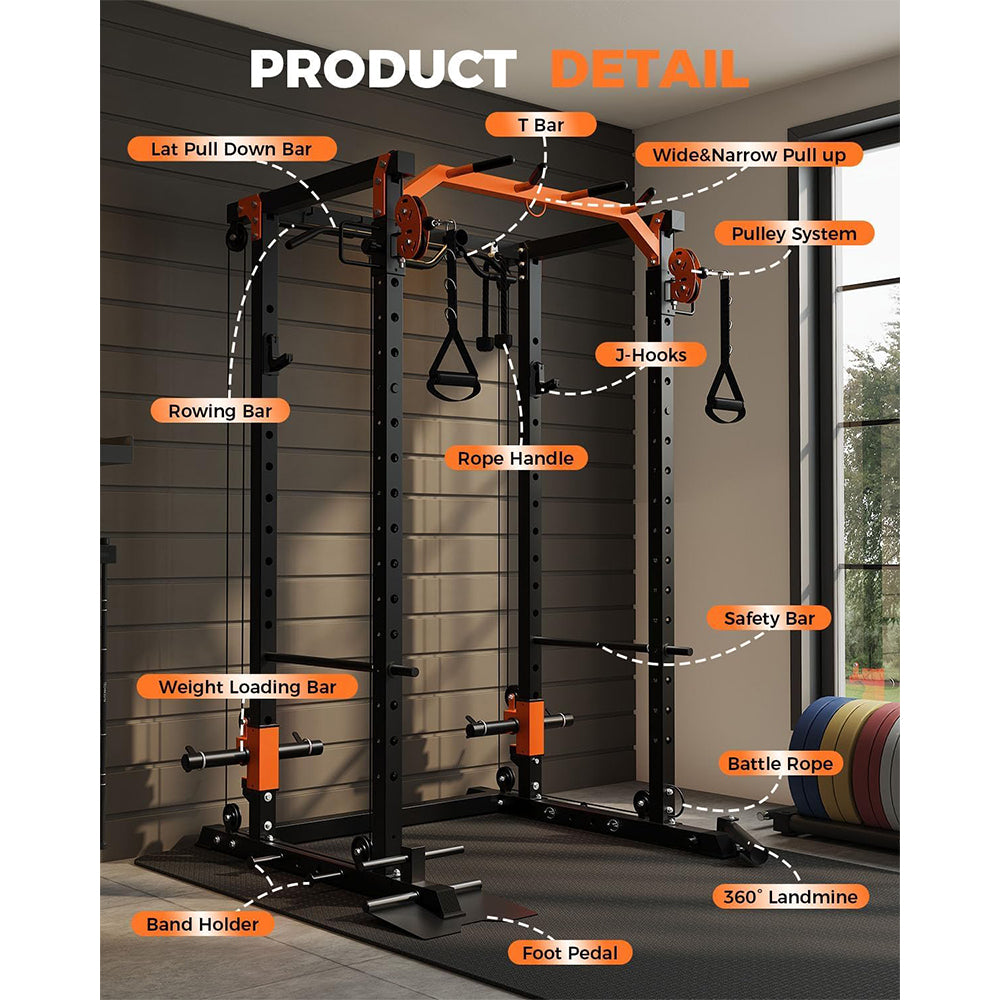 Garvee Power Cage Power Rack with Dual Pulley System Multi-Function Squat Rack with Cable Crossover for Home Gym Black