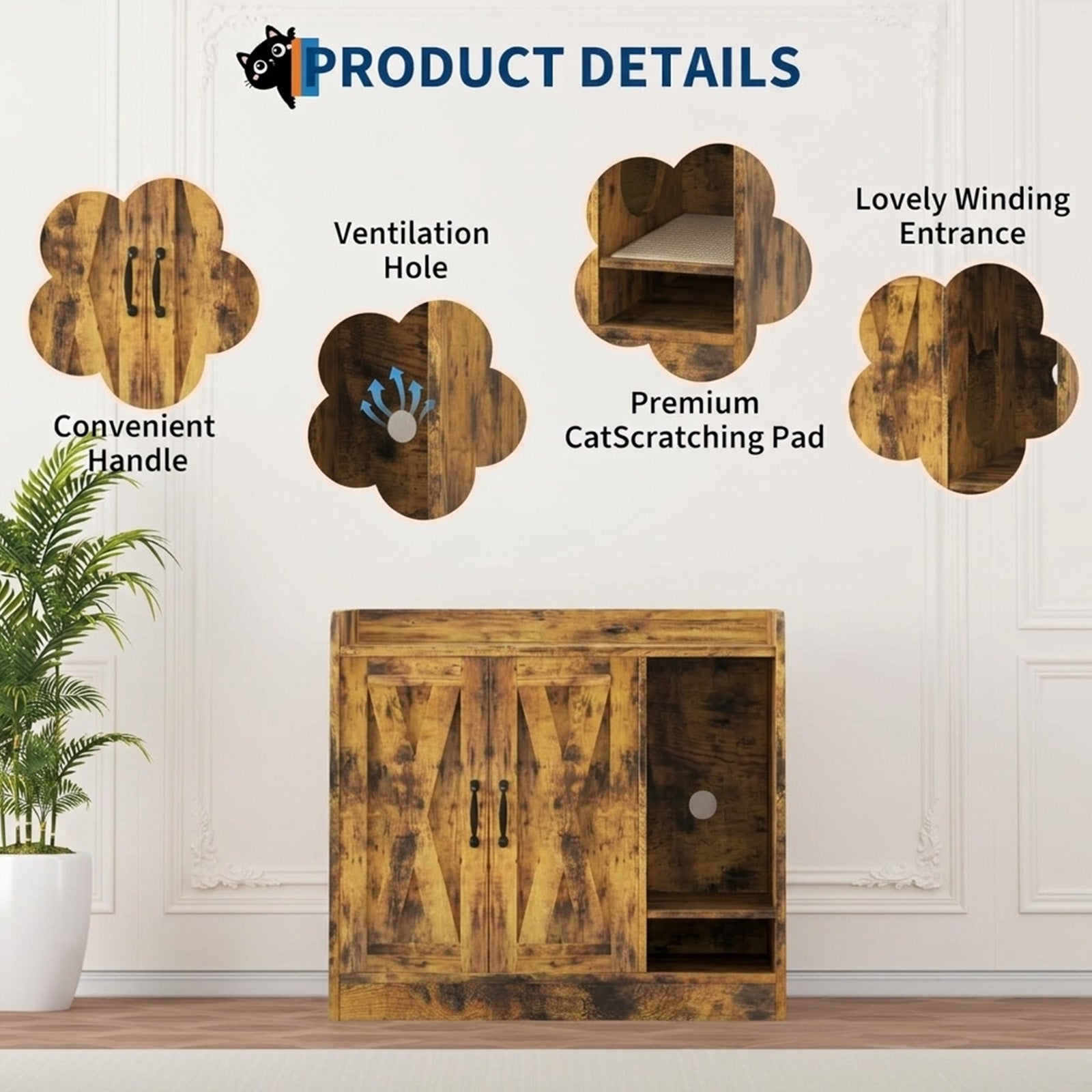 Garvee Cat Litter Box Enclosure, Hidden Litter Box Furniture with Divider, Indoor Cat House, Wooden Cat Washroom Storage Cabinet Bench, Side End Table Nightstand, 33.07"L × 23.62"W × 23.92"H, Rustic Brown
